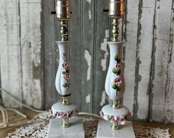 Vintage Pair of Capodimonte Style Lamps, Rose Buds, Ceramic, Marble Bases