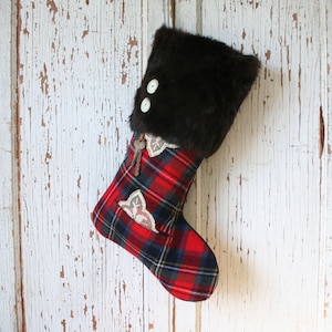SALE Red Plaid CHRISTMAS STOCKING, Fur Cuff, Vintage Keys, Tartan, British Style