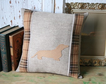 Dachshund Dog Wool Plaid PILLOW, Handmade, Eco-Friendly