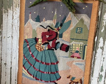 Antique Needlepoint, Old World Dickens Style, Winter Scene, Found in England