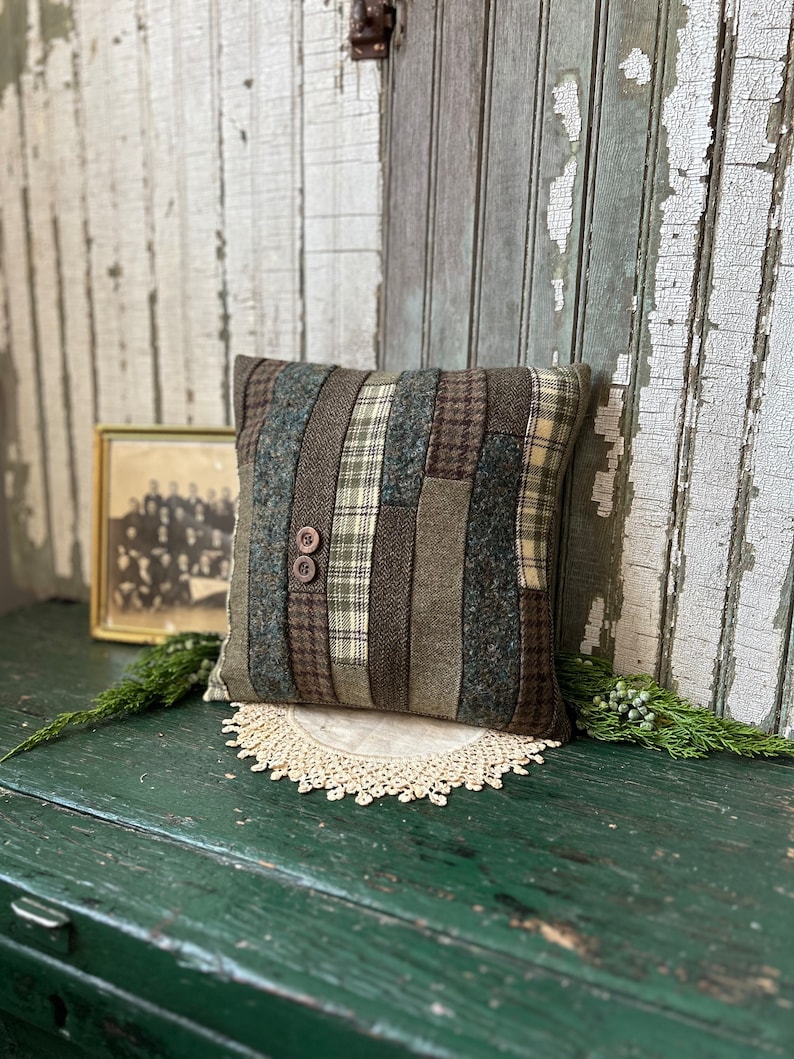 Tweed Patchwork pillow, cover, houndstooth, plaid, recycled wools, 12 inch