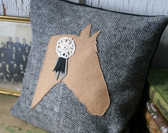 Equestrian Horse PILLOW, Recycled Wool, Gray Herringbone, Vintage Lace