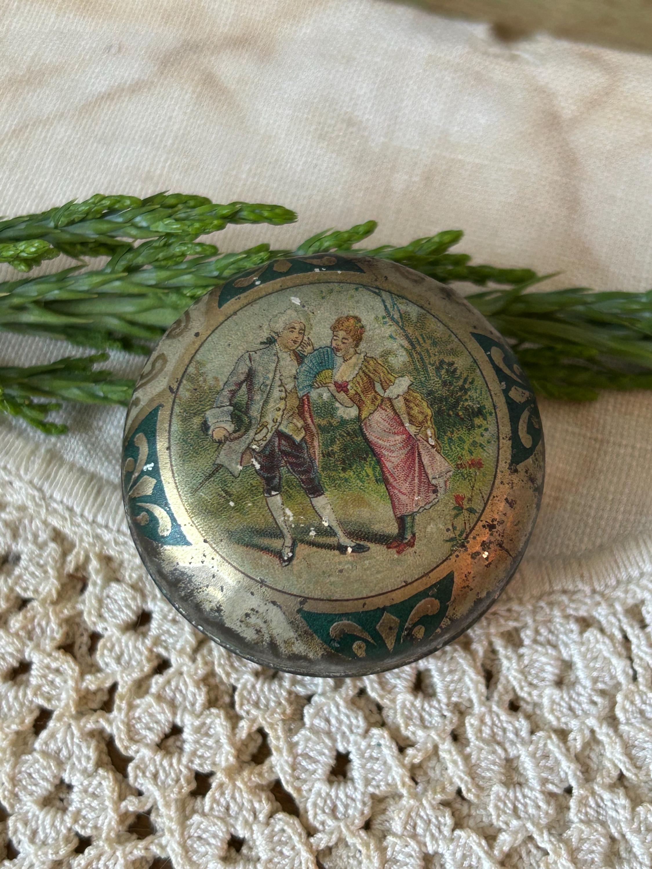 Antique Tiny Candy Tin, Zig Zag Confections, Romantic 18th Century