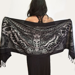 Skull Moth Shawl Wrap Black and Silver Mugwort Psychedelic Visionary Art Sacred Geometry Festival Scarf Face Dust Mask