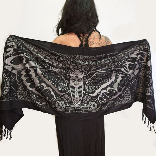 Skull Moth Shawl Wrap Black and Silver Mugwort Psychedelic Visionary Art Sacred Geometry Festival Scarf Face Dust Mask