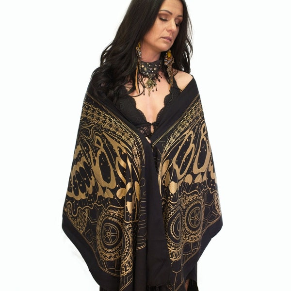 Skull Moth Shawl Wrap Black and Gold Mugwort Psychedelic Visionary Art Sacred Geometry Festival Scarf Face Dust Mask