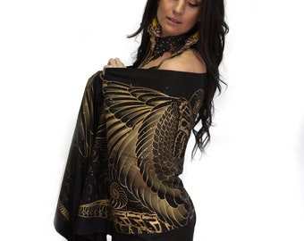 Bufanda con diseño de serpiente, cuervo, caballito de mar, artemisa negra y dorada, arte psicodélico, arte visionario, geometría sagrada, festival, mascarilla antipolvo