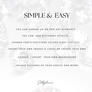 K&ouml;nnte beinhalten: Wei&szlig;er Hintergrund mit dem Text "SIMPLE & EASY" in Schwarz. Der Text darunter beschreibt Optionen zum &Auml;ndern von Elementen, Hinzuf&uuml;gen von Effekten und Einf&uuml;gen von Bildern. Das SilkyLuxeco-Logo befindet sich unten.