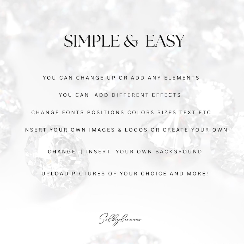 K&ouml;nnte beinhalten: Wei&szlig;er Hintergrund mit dem Text "SIMPLE & EASY" in Schwarz. Der Text darunter beschreibt Optionen zum &Auml;ndern von Elementen, Hinzuf&uuml;gen von Effekten und Einf&uuml;gen von Bildern. Das SilkyLuxeco-Logo befindet sich unten.