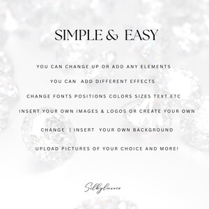 May include: A white background with the text "SIMPLE & EASY" in a black, elegant font. The text below lists options to change elements, add effects, and insert images. The SilkyLuxeco logo is at the bottom.
