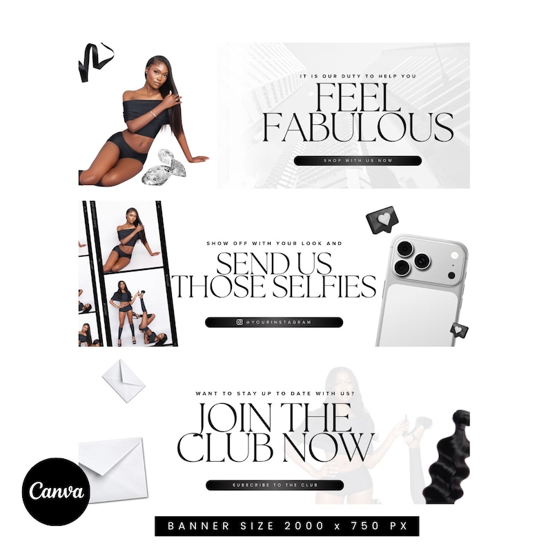 K&ouml;nnte beinhalten: Werbebanner in Schwarz und Wei&szlig; mit den Texten "FEEL FABULOUS", "SEND US THOSE SELFIES" und "JOIN THE CLUB NOW". Das Bild zeigt ein Model, ein Smartphone und Social-Media-Icons.