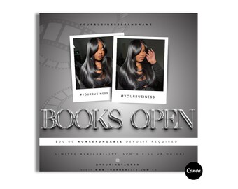 May include: A promotional graphic with a gray gradient background. Two photos of a person with long, dark hair are displayed. The words "BOOKS OPEN" are in large, silver, 3D lettering. Text includes "Limited availability, spots fill up quick!" and a website address.