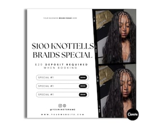 Knotless Braids Luxury Special Flyer Template: Braids Pricelist, Special Deals (Canva Editable, Digital Download)