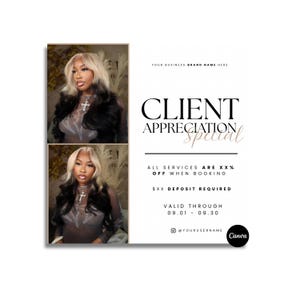 Puede incluir: Gráfico promocional con dos fotos de una persona con cabello rubio y negro. El texto dice "CLIENT APPRECIATION SPECIAL" con detalles sobre un descuento y un depósito. La promoción es válida del 01.09 al 30.09.