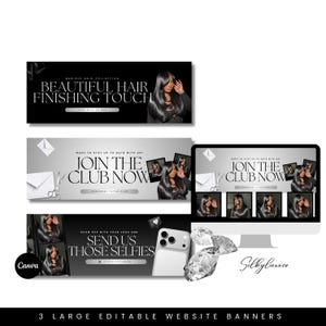 Könnte beinhalten: Drei editierbare Website-Banner mit einem Schwarz-Weiß-Thema. Die Banner zeigen Texte wie "Beautiful Hair Finishing Touch", "Join the Club Now" und "Send Us Those Selfies". Die Banner enthalten auch Bilder einer Frau mit langen, dunklen Haaren.