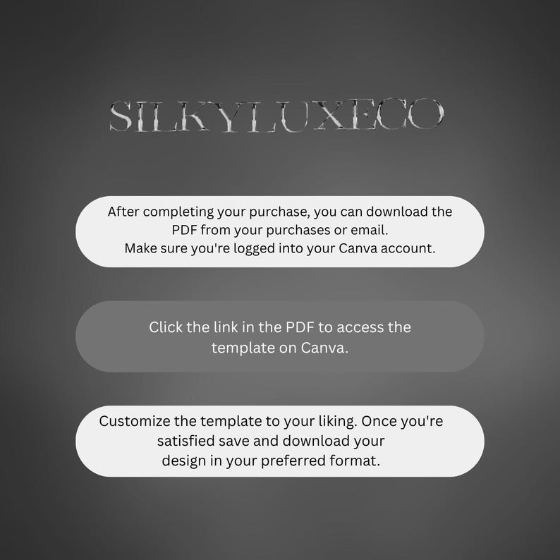 May include: A graphic with the text "SILKY LUXECO" and instructions for downloading a PDF template from purchases or email, accessing the template on Canva, and customising the design.