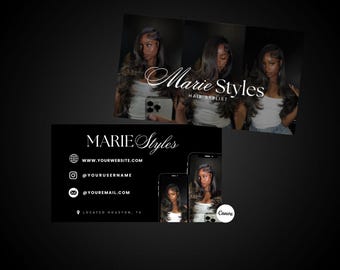 May include: A rectangular business card template featuring a black background with white text reading Marie Styles, Hair Stylist. The design includes placeholders for a website, social media handle, email, and location, plus images of a person.