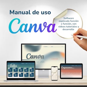 Puede incluir: Imagen promocional del software Canva, con un portátil, un monitor de escritorio, un smartphone y una tableta que muestran la interfaz de Canva. Incluye el texto "Manual de uso Canva" y "Software explicado función a función, con videos tutoriales y desarrollo."