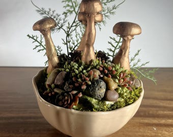 Warm Woodland Glow - Hand-Carved Wooden Mushroom Vignette with a Unique Copper Finish.