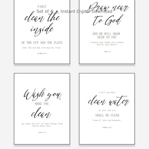 May include: Set of four minimalist art prints with black script text on a white background. The prints feature inspirational quotes from the Bible. The words "clean the inside", "Draw near to God", "Wash you, make you clean", and "clean water" are visible.