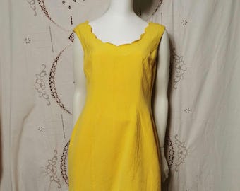 Vintage 'Cue Design' linen mini dress, 90s / 00s yellow dress, Size M L