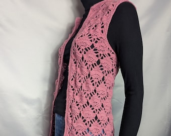 1960s 70s Pink wool vest: Vintage crochet longline knit, Size XS S