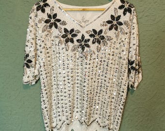 Top vintage in seta con perline, stile art déco anni '80 con paillettes, taglia L