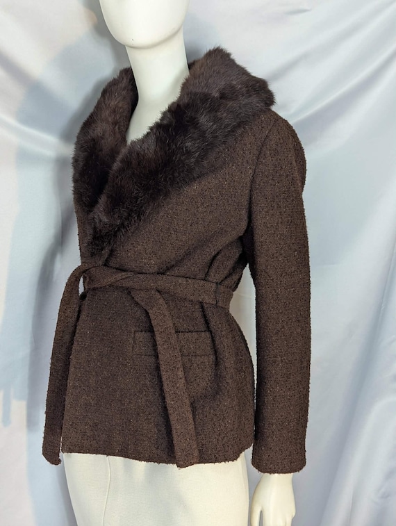 1960s wool tweed fur collar jacket: Tie waist midcentury coat (Size S)