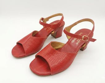 Vintage rode leren sandalen: blokhakken uit de jaren 70 en 80, made in Italy, maat 6