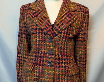 veste vintage en pure laine : blazer en tweed des années 90 multicolore, taille S