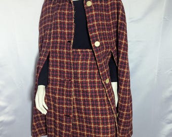 Woll-Tweed-Anzug aus den 60er Jahren: Karierte Cape-Jacke und Rock (Größe S M)