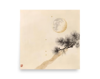 May include: Square art print featuring a minimalist Japanese-style illustration. A full moon with gold accents is in the upper right, with a branch of pine needles extending from the lower right. The background is a soft beige.