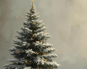 Arte murale stampabile con albero di Natale vintage, dipinto neutro con albero natalizio, decorazioni natalizie antiche, stampa digitale scaricabile per la casa invernale