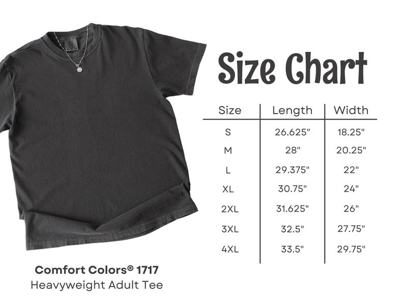 A dark gray t-shirt with a white size chart to its right, showing measurements for sizes S to 4XL.