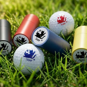 May include: Golf balls with a cat design and the name "Jasper" are displayed with matching colored tubes on a bed of green grass. The golf balls have a white base with a cat graphic in red and blue.