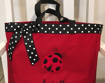 3027 Personalized Ladybird Beetle Cotton Book Bag for Girls or Boys Ladybug Kids Tote Bag