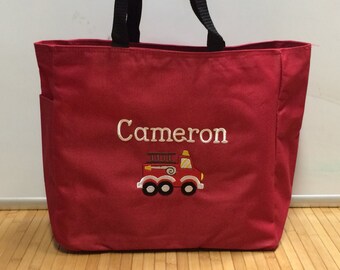Personalized Baby Kids Firetruck Diaper Bag Tote