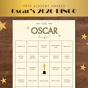 2026 Oscars Bingo, 98th Academy Awards Watch Party Games, 50 Unique Cards for All Ages (Instant Download)