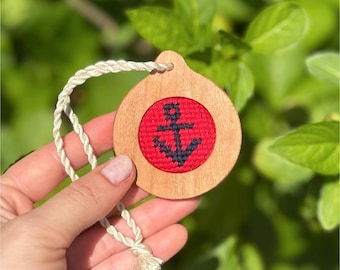 Self Finishing Needlepoint Bag Tag Accessory | Cherry Wood Bag Tag | Fits 1.25" Canvas | Choose Your Cord Color