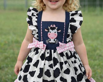 Cow Print Baby Girl Dress | Farm Birthday Outfit, Pink Gingham Toddler | 100% Cotton Handmade