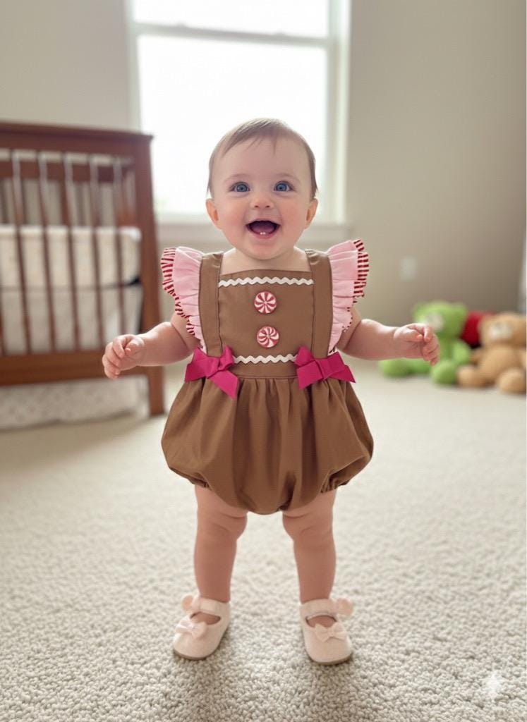 Handmade Gingerbread pink Baby Romper - Christmas Cotton Outfit