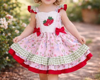 Girls Strawberry Dress, Embroidered Cotton Summer Outfit, Ruffle Skirt Birthday Bash