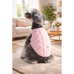 Peut inclure: Un petit chien gris portant un pull rose clair pour chien avec un motif matelassé. Le pull a une petite étiquette rectangulaire près du bas. Le chien est assis sur un tapis de couleur claire dans un salon.