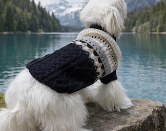 Vintage Knit Dog Sweater Black & Beige | Small Medium Dog Sweater | Cozy Pet Jumper for Winter, Christmas.