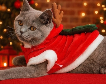 Christmas Pet Sweater Reindeer Design – Warm Winter Coat for Cats & Small to Medium Dogs, Santa Holiday Outfit