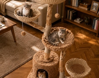 Grande tiragraffi in legno naturale da 150 cm, torre per gatti in vimini, mobile per gatti a più livelli con tiragraffi in sisal, amaca e cuccia.
