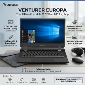 May include: Venturer Europa 11.6-inch laptop with a black chassis, featuring an Intel Celeron N4020 processor, 2GB RAM, 64GB storage, and a Full HD 1920x1080 IPS display. Includes WiFi, Bluetooth, HDMI, 2x USB 3.0, and microSD connectivity ports.
