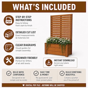 Puede incluir: Un archivo PDF digital que contiene planos de carpinter&iacute;a para una jardinera de madera con enrejado integrado. El gr&aacute;fico incluye el texto: WHAT'S INCLUDED, STEP-BY-STEP INSTRUCTIONS, DETAILED CUT LIST, CLEAR DIAGRAMS, BEGINNER FRIENDLY, INSTANT DOWNLOAD.