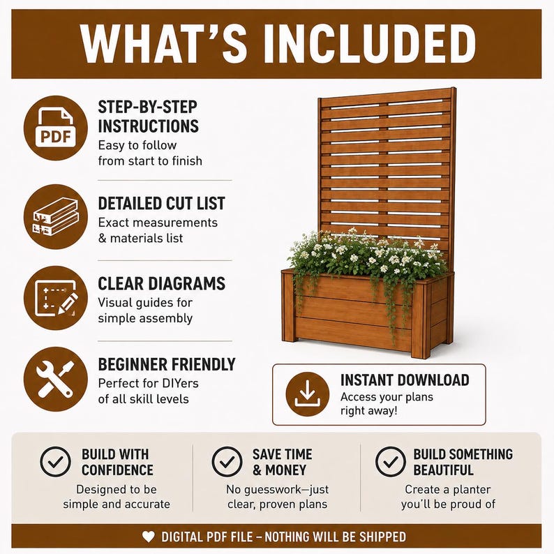 Puede incluir: Un archivo PDF digital que contiene planos de carpinter&iacute;a para una jardinera de madera con enrejado integrado. El gr&aacute;fico incluye el texto: WHAT'S INCLUDED, STEP-BY-STEP INSTRUCTIONS, DETAILED CUT LIST, CLEAR DIAGRAMS, BEGINNER FRIENDLY, INSTANT DOWNLOAD.
