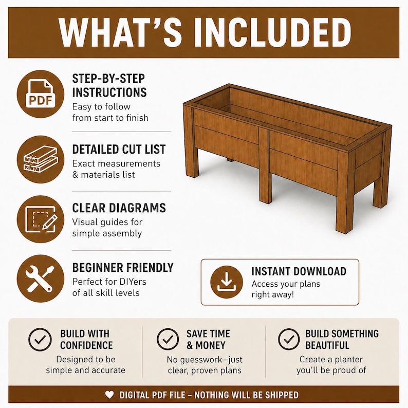 Puede incluir: Un archivo PDF digital que contiene planos de carpinter&iacute;a para una jardinera rectangular de madera. La imagen incluye el texto: WHAT'S INCLUDED, STEP-BY-STEP INSTRUCTIONS, DETAILED CUT LIST, CLEAR DIAGRAMS, BEGINNER FRIENDLY, INSTANT DOWNLOAD.